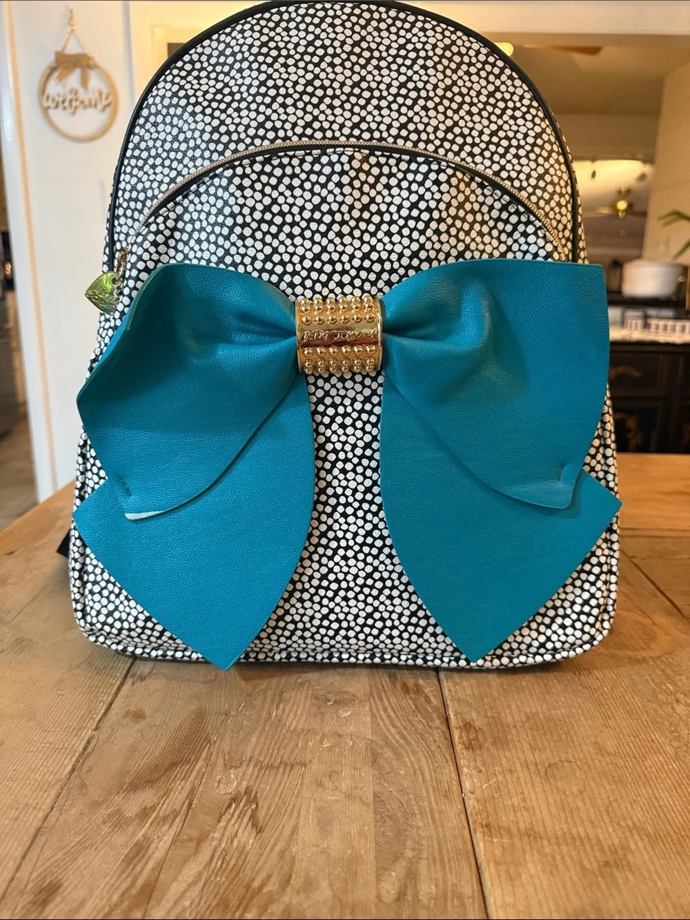 Betsey Johnson Black & White Polka Dot Backpack with Teal Bow